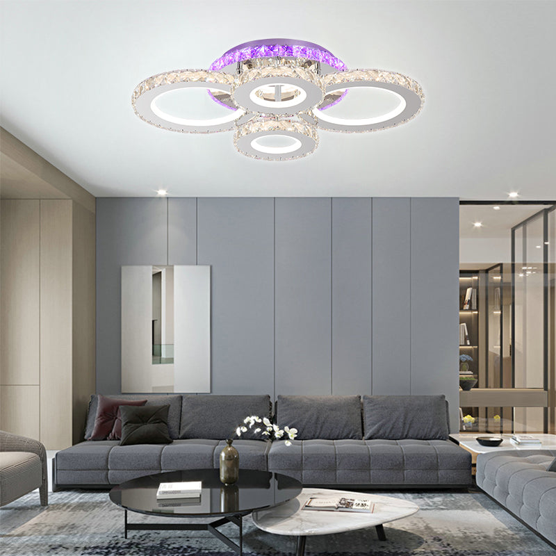 Lustre LED avec télécommande et cristal NOVA ROTONDA RGB 82W, 4 Cercles, Lumière Froide/Chaude/Neutre, Dimmable