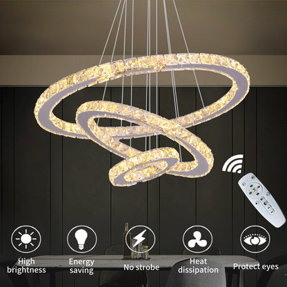 Lustre LED suspendu avec télécommande et cristal CAYDEN 200W, 3 Cercles, Lumière Froid/Chaud/Neutre, Dimmable, Chrome Brillant, Hauteur Réglable