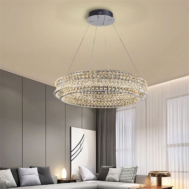 Lustre LED avec télécommande, LLC160/500CH, cristal et métal, 55 W, 1 cercle, intensité variable, hauteur réglable, lumière froide/chaude/neutre, éclairage luxueux