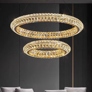Lustre LED avec télécommande, LLC132/300+500GD, cristal et métal, 48 W, 2 cercles, variable, hauteur réglable, lumière froide/chaude/neutre 3000 K/4000 K/6000 K, éclairage luxueux,