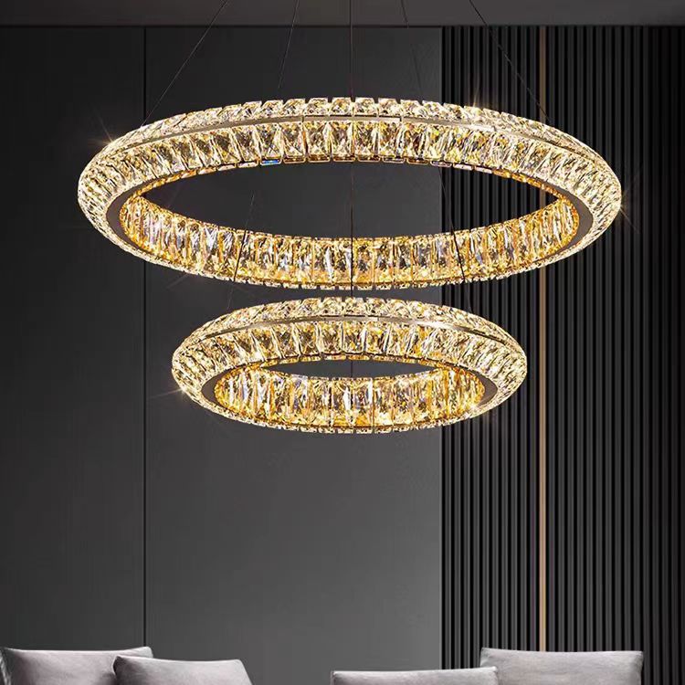 Lustre LED avec télécommande, LLC132/300+500GD, cristal et métal, 48 W, 2 cercles, variable, hauteur réglable, lumière froide/chaude/neutre 3000 K/4000 K/6000 K, éclairage luxueux,