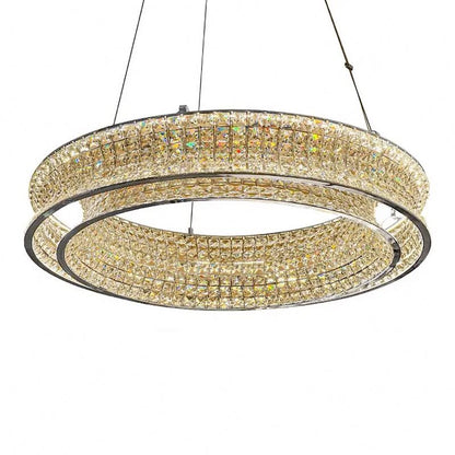 Lustre LED avec télécommande, LLC160/500CH, cristal et métal, 55 W, 1 cercle, intensité variable, hauteur réglable, lumière froide/chaude/neutre, éclairage luxueux