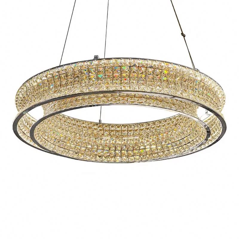 Lustre LED avec télécommande, LLC160/500CH, cristal et métal, 55 W, 1 cercle, intensité variable, hauteur réglable, lumière froide/chaude/neutre, éclairage luxueux