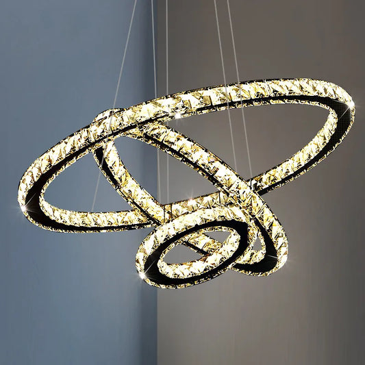 Lustre LED suspendu avec télécommande et cristal PRISM LUMINIS 78W, 3 Cercles, Lumière Froid/Chaud/Neutre, Dimmable, Argent, Hauteur Réglable