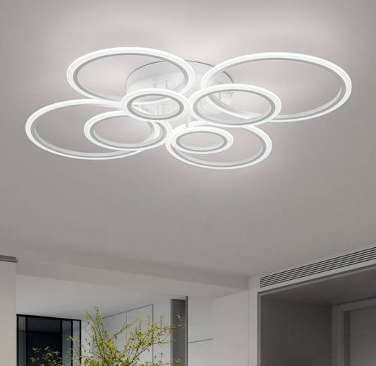 Lustre LED avec télécommande BETTY 130W, 8 Cercles, Lumière Froide/Chaude/Neutre, Dimmable, Blanc