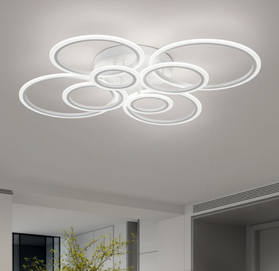 Lustre LED avec télécommande BETTY 130W, 8 Cercles, Lumière Froide/Chaude/Neutre, Dimmable, Blanc