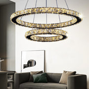 Lustre LED avec télécommande et cristal PRISM LUMINIS 55W, 2 Cercles, Lumière Froide/Chaude/Neutre, Dimmable, Argent, Hauteur Réglable