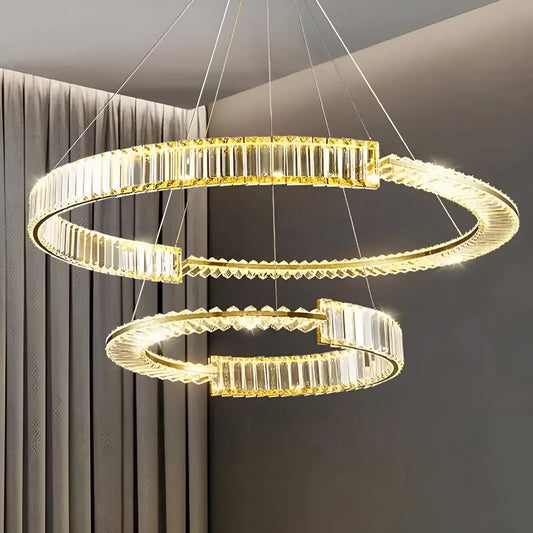 Lustre LED suspendu avec télécommande et cristal PRISM REGAL 120W, 2 Cercles, Lumière Froid/Chaud/Neutre, Dimmable, Doré, Hauteur Réglable