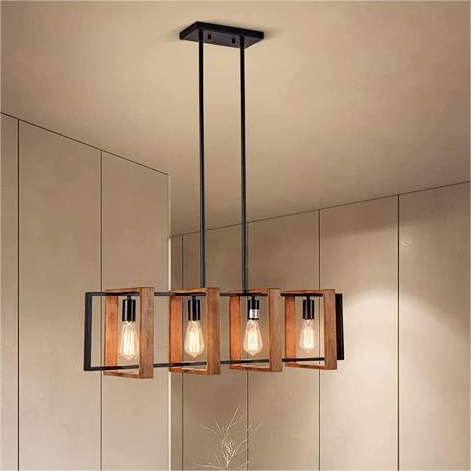 Lustre Vintage LV560/4BK, 4XE27, Grange Rustique, Bois et Métal, 85 cm, Noir