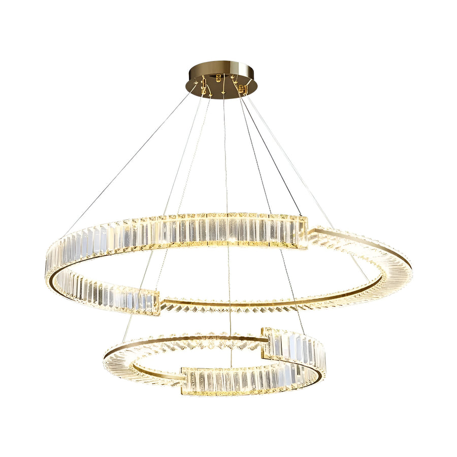 Lustre LED suspendu avec télécommande et cristal PRISM REGAL 120W, 2 Cercles, Lumière Froid/Chaud/Neutre, Dimmable, Doré, Hauteur Réglable