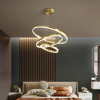 Lustre LED suspendu avec télécommande ELIZABETH, 85W, 3 Cercles, Lumière Froid/Chaud/Neutre, Dimmable, Or Brillant, Hauteur Réglable