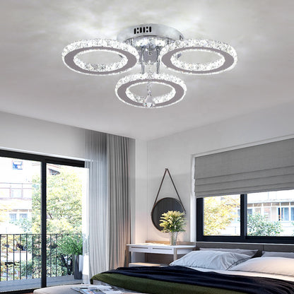 Lustre LED avec télécommande et cristal ALANUBIS 40W, 3 Cercles, Lumière Froide/Chaude/Neutre, Dimmable, Chrome Brillant