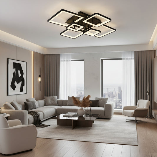 Lustre LED avec télécommande ELLA 120W, 6 Carrés, Lumière Froide/Chaude/Neutre, Dimmable, Noir, Métal et Acrylique