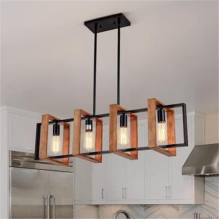Lustre Vintage LV560/4BK, 4XE27, Grange Rustique, Bois et Métal, 85 cm, Noir