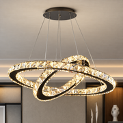 Lustre LED avec télécommande et cristal PRISM LUMINIS 58W, 2 Cercles, Lumière Froid/Chaud/Neutre, Dimmable, Chrome et Blanc, Hauteur réglable