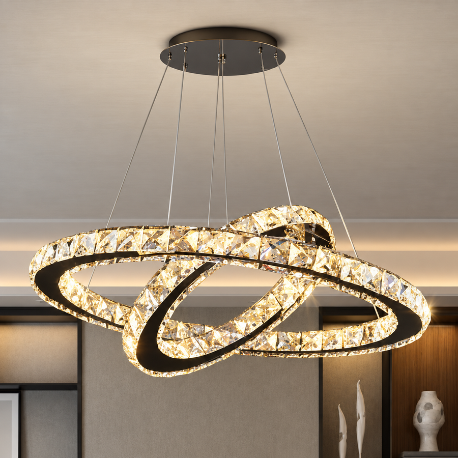Lustre LED avec télécommande et cristal PRISM LUMINIS 58W, 2 Cercles, Lumière Froid/Chaud/Neutre, Dimmable, Chrome et Blanc, Hauteur réglable