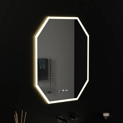 Miroir LED polygone, 60X80cm, capteur Hexaluce MotionGlow Marcello, système anti-buée, horloge et thermomètre, dimmable