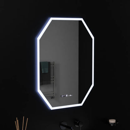 Miroir LED polygone, 60X80cm, capteur Hexaluce MotionGlow Marcello, système anti-buée, horloge et thermomètre, dimmable