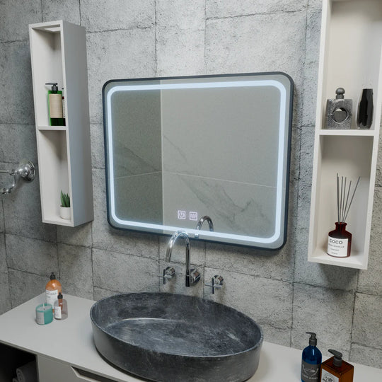 Miroir LED rectangulaire 90x75cm Système de désembuage tactile EDGE, miroirs à cadre noir Korman E Titre par défaut Alessandro Design