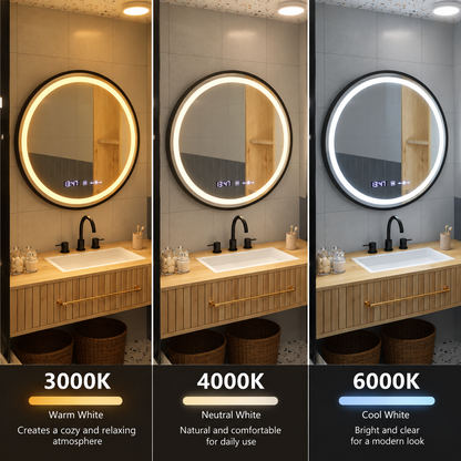 Miroir rond LED, 100 cm, Celeste Majesté Noir MotionGlow Marcello, système anti-buée, horloge et thermomètre, intensité variable
