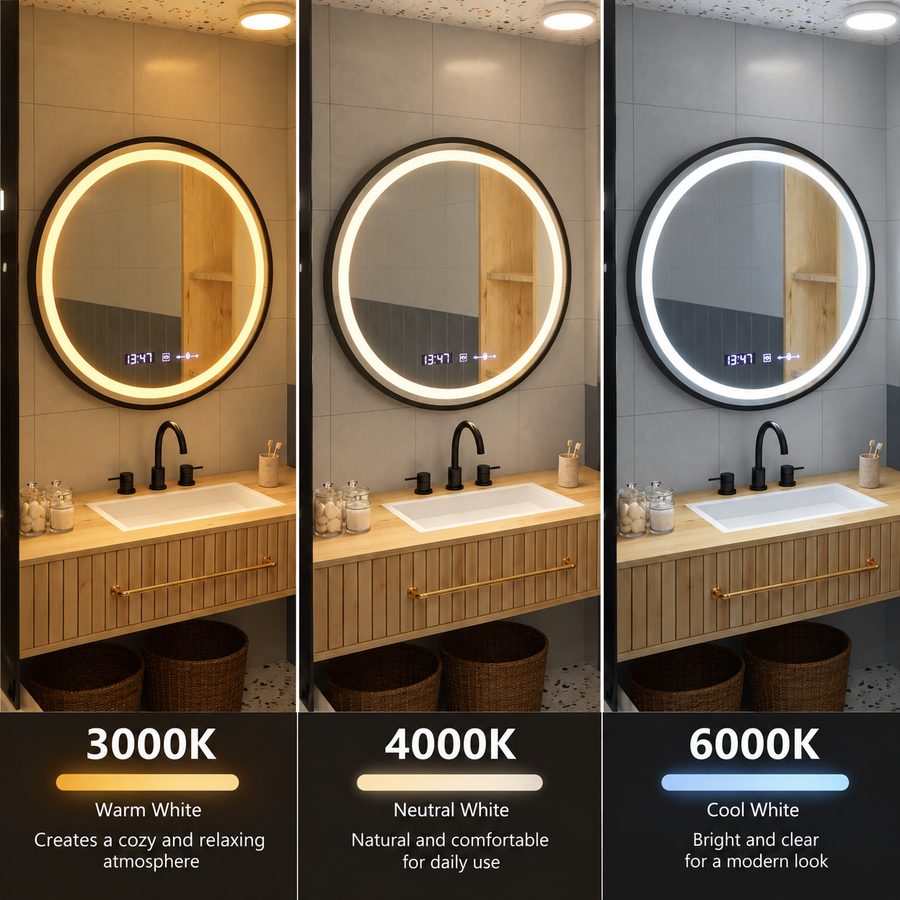 Miroir rond LED, 100 cm, Celeste Majesté Noir MotionGlow Marcello, système anti-buée, horloge et thermomètre, intensité variable