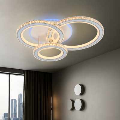 Lustre LED avec télécommande et cristal NOVA ROTONDA RGB 75W, 3 Cercles, Lumière Froide/Chaude/Neutre, Dimmable, Blanc