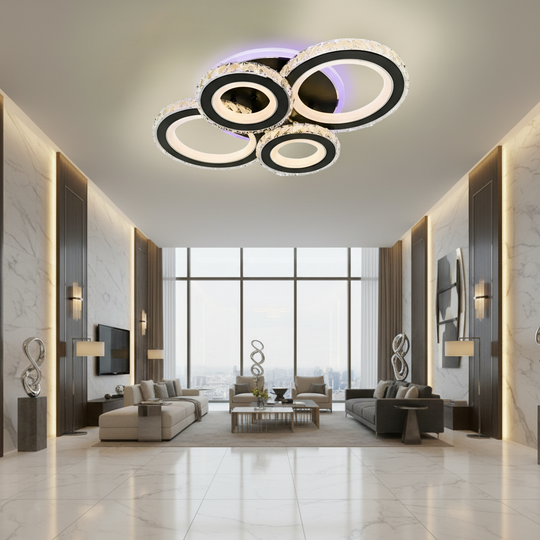 Lustre LED avec télécommande et cristal NOVA ROTONDA RGB 82W, 4 Cercles, Lumière Froide/Chaude/Neutre, Dimmable, Lustres LED Noir avec Télécommande Titre par Défaut Alessandro Design