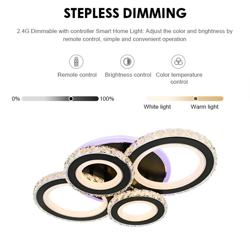 Lustre LED avec télécommande et cristal NOVA ROTONDA RGB 82W, 4 Cercles, Lumière Froide/Chaude/Neutre, Dimmable, Noir