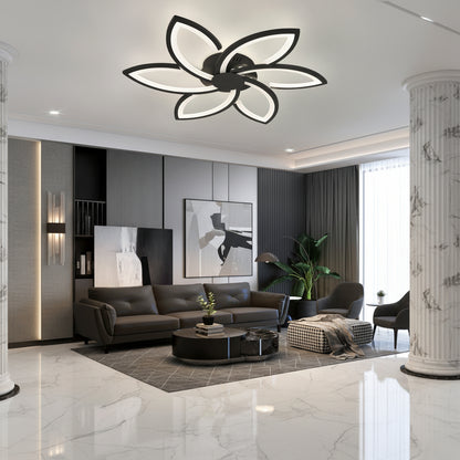 Lustre LED avec télécommande et cristal FLORA 82W, 6 pétales, Lumière Froide/Chaude/Neutre, Dimmable, Noir