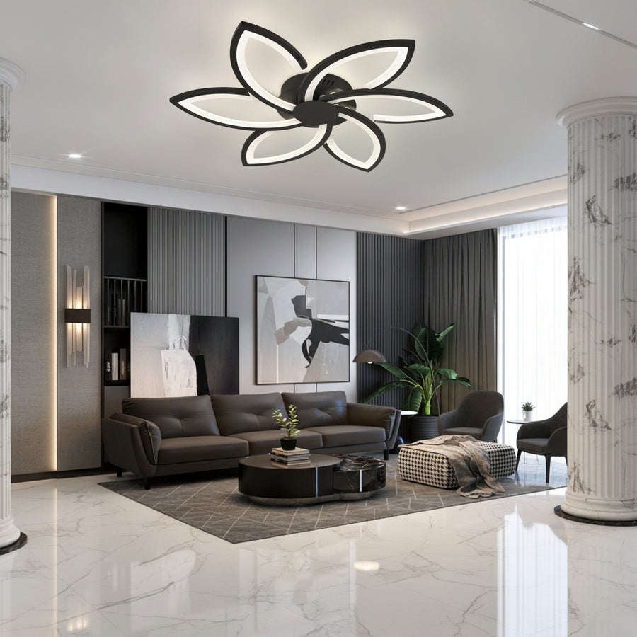 Lustre LED avec télécommande et cristal FLORA 82W, 6 pétales, Lumière Froide/Chaude/Neutre, Dimmable, Noir