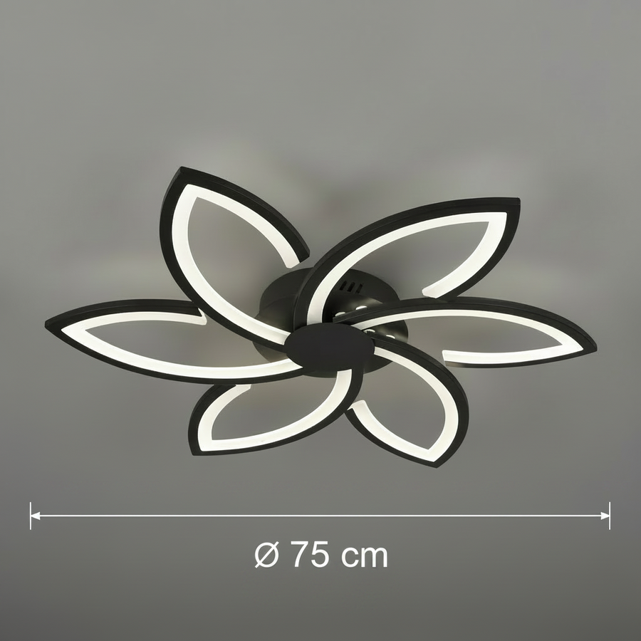 Lustre LED avec télécommande et cristal FLORA 82W, 6 pétales, Lumière Froide/Chaude/Neutre, Dimmable, Noir