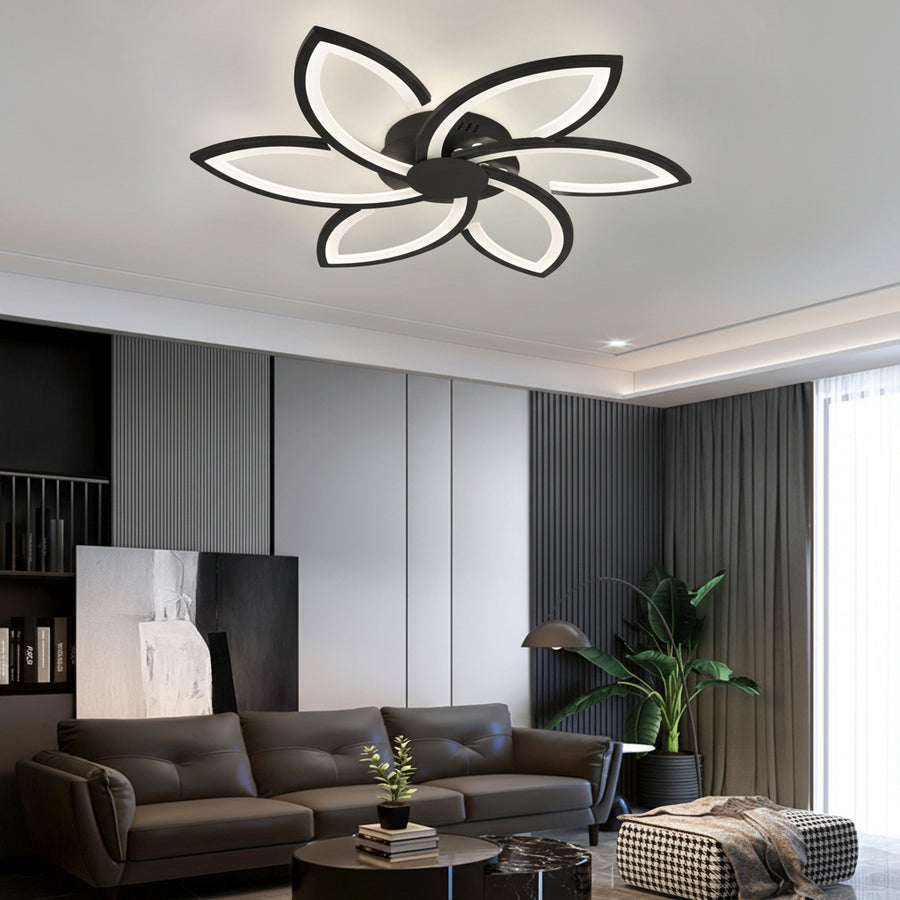 Lustre LED avec télécommande et cristal FLORA 82W, 6 pétales, Lumière Froide/Chaude/Neutre, Dimmable, Noir