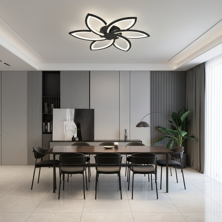 Lustre LED avec télécommande et cristal FLORA 82W, 6 pétales, Lumière Froide/Chaude/Neutre, Dimmable, Noir