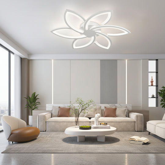 Lustre LED avec télécommande et cristal FLORA 82W, 6 pétales, Lumière Froide/Chaude/Neutre, Dimmable, Blanc