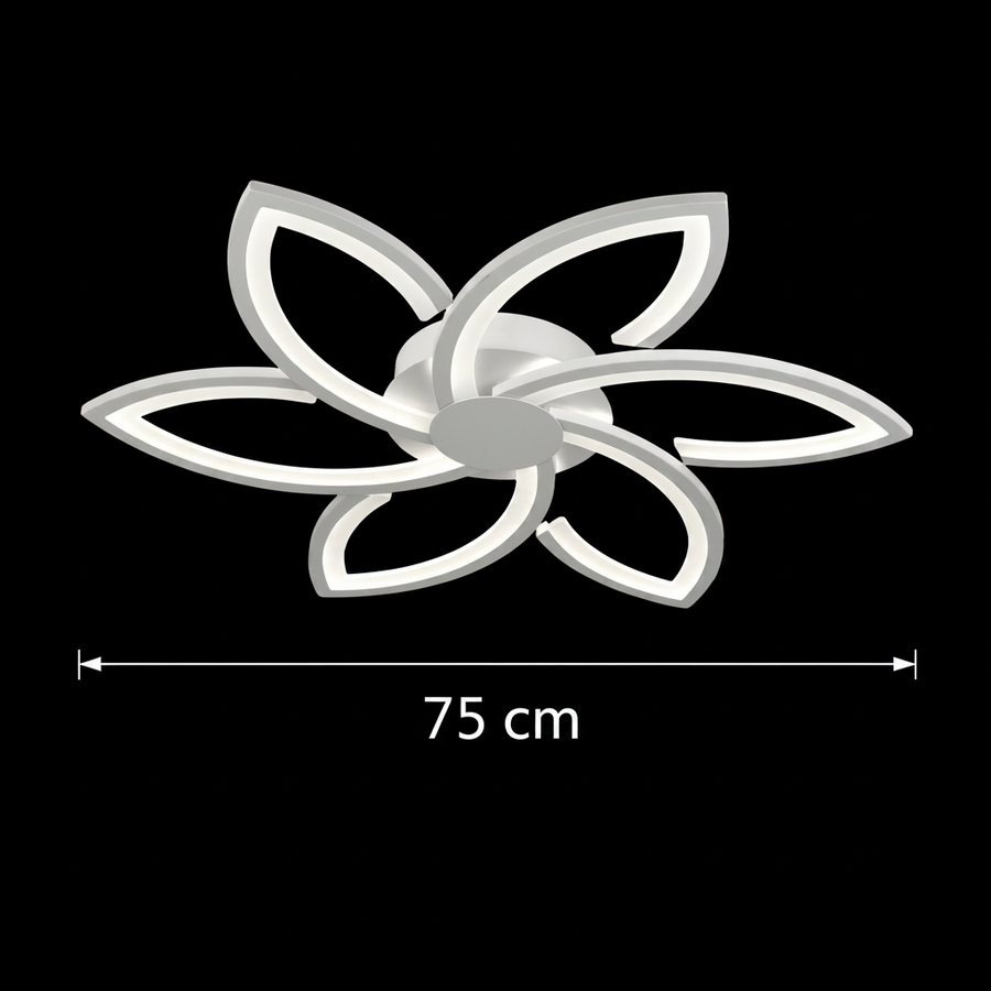 Lustre LED avec télécommande et cristal FLORA 82W, 6 pétales, Lumière Froide/Chaude/Neutre, Dimmable, Blanc