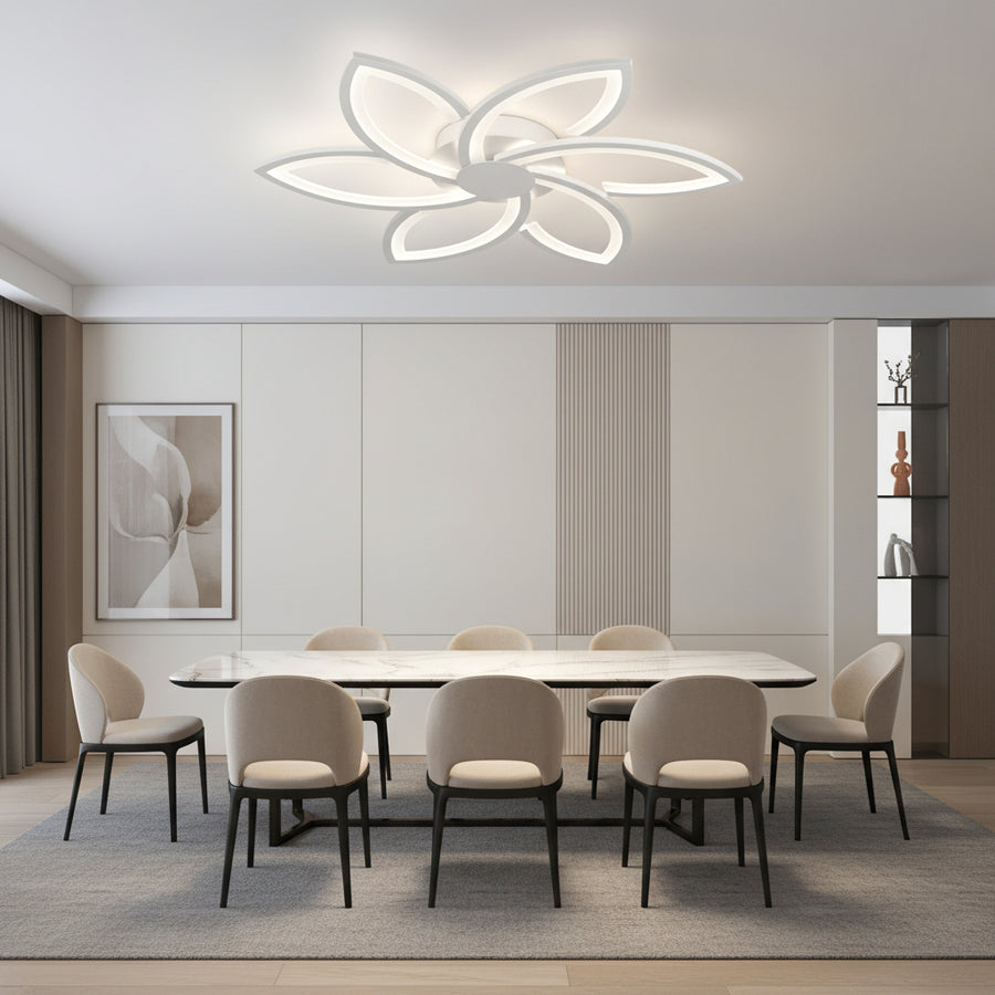 Lustre LED avec télécommande et cristal FLORA 82W, 6 pétales, Lumière Froide/Chaude/Neutre, Dimmable, Blanc