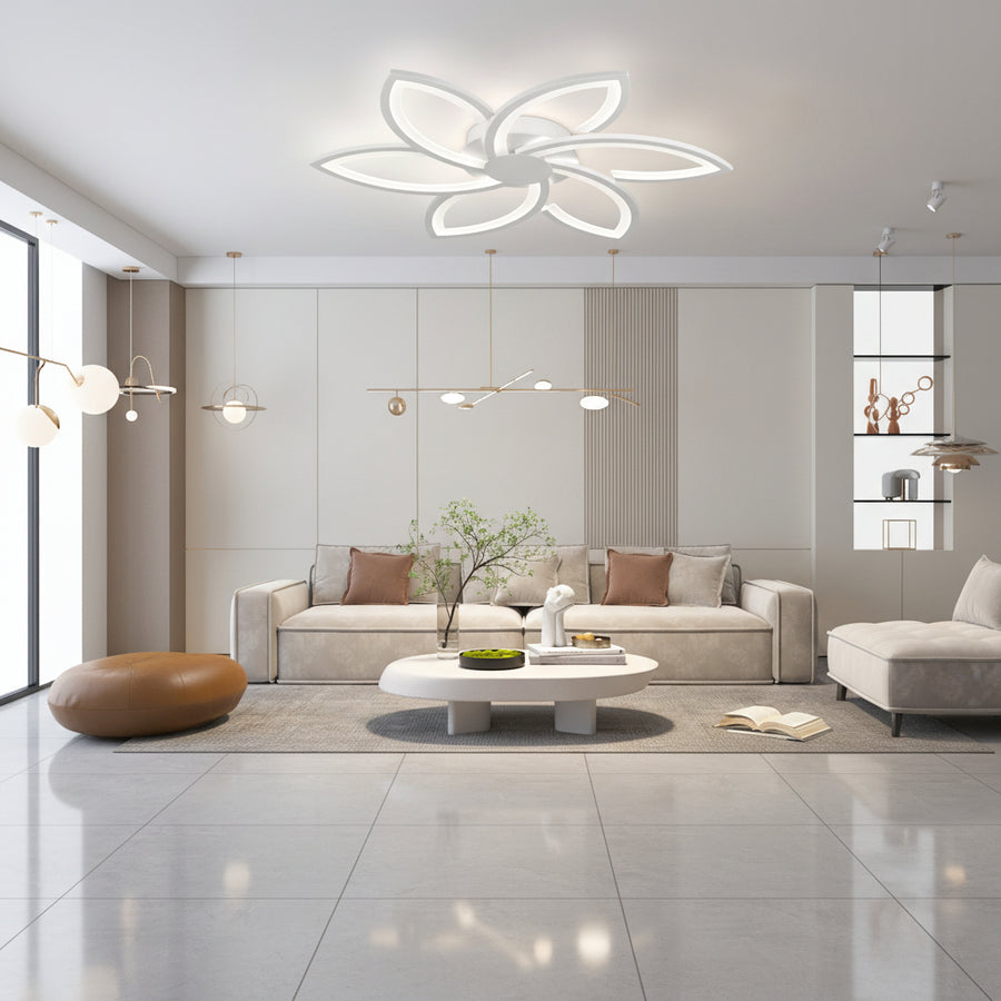 Lustre LED avec télécommande et cristal FLORA 82W, 6 pétales, Lumière Froide/Chaude/Neutre, Dimmable, Blanc