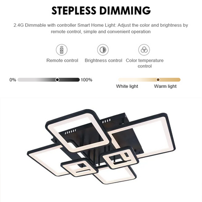 Lustre LED avec télécommande ELLA 120W, 6 Carrés, Lumière Froide/Chaude/Neutre, Dimmable, Noir, Métal et Acrylique