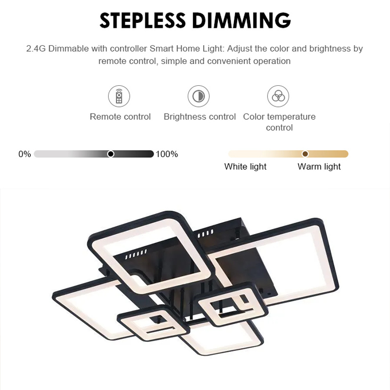 Lustre LED avec télécommande ELLA 120W, 6 Carrés, Lumière Froide/Chaude/Neutre, Dimmable, Noir, Métal et Acrylique