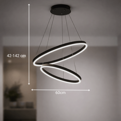 Lustre LED Suspendu avec Télécommande CASIANA 40W, 2 Cercles, Lumière Froid/Chaude/Neutre 3000K/4000K/6000K, Intensité Variable, Noir, Hauteur Réglable, Métal et Acrylique