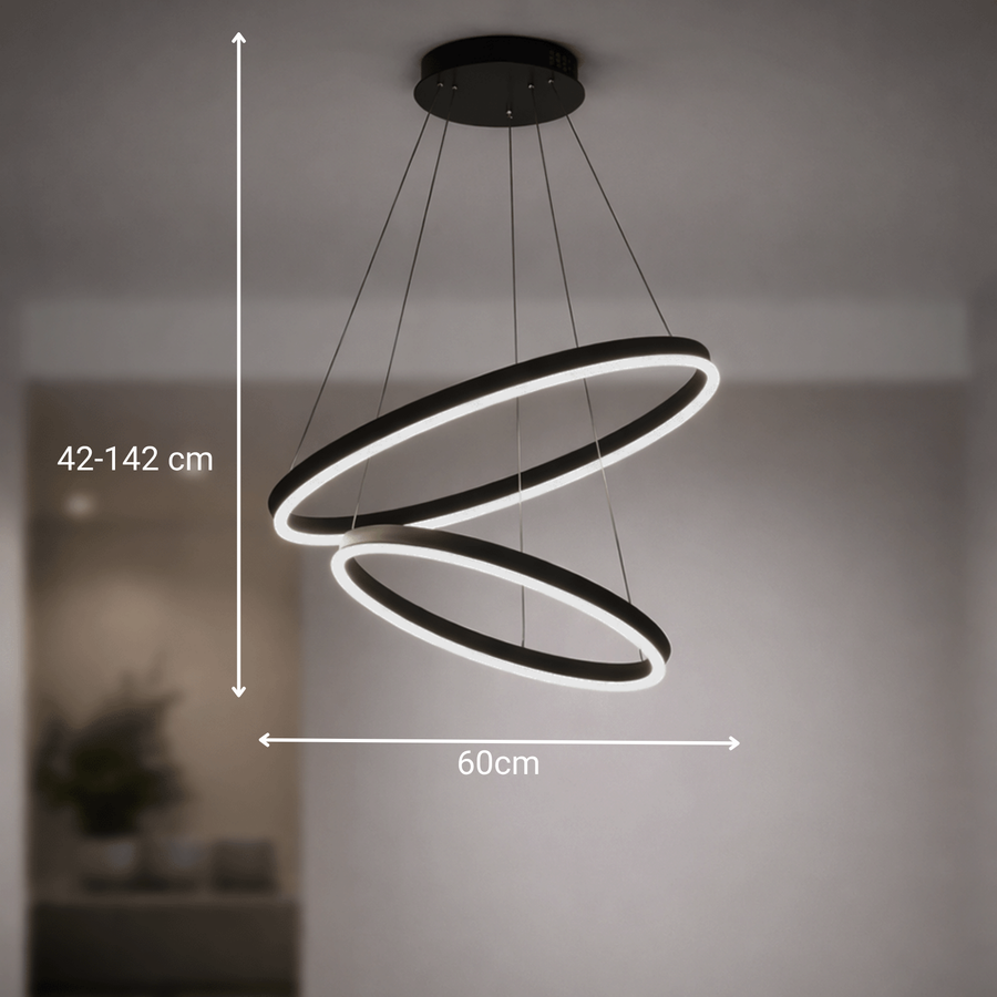 Lustre LED Suspendu avec Télécommande CASIANA 40W, 2 Cercles, Lumière Froid/Chaude/Neutre 3000K/4000K/6000K, Intensité Variable, Noir, Hauteur Réglable, Métal et Acrylique