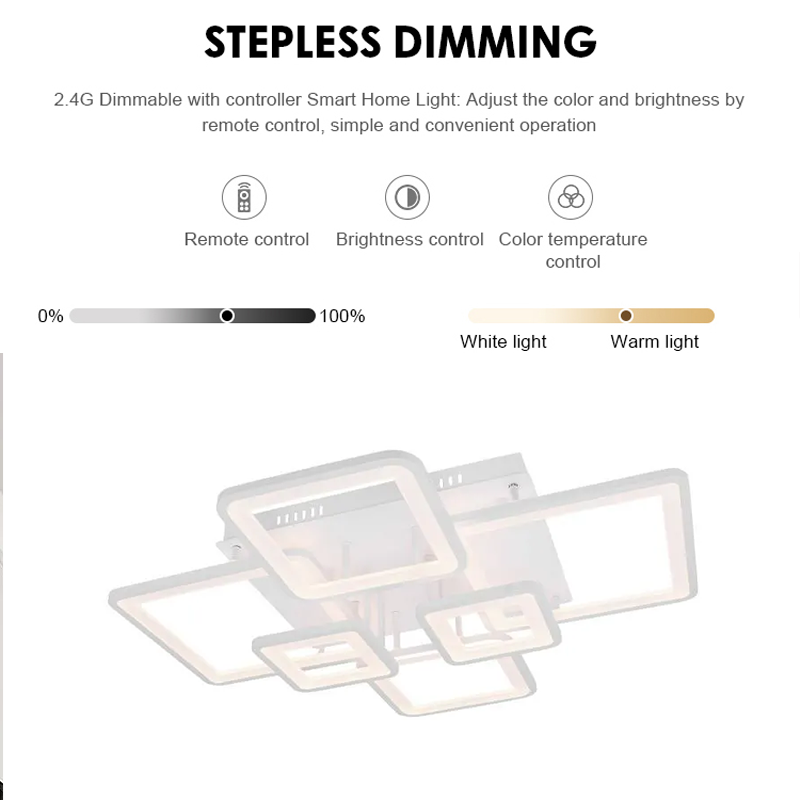 Lustre LED avec télécommande ELLA 119W, 6 carrés, Lumière Froide/Chaude/Neutre, Dimmable, Blanc