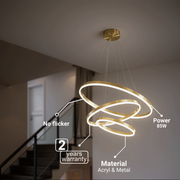 Lustre LED suspendu avec télécommande ELIZABETH, 85W, 3 Cercles, Lumière Froid/Chaud/Neutre, Dimmable, Or Brillant, Hauteur Réglable
