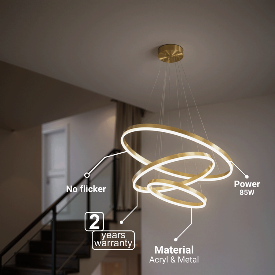 Lustre LED suspendu avec télécommande ELIZABETH, 85W, 3 Cercles, Lumière Froid/Chaud/Neutre, Dimmable, Or Brillant, Hauteur Réglable