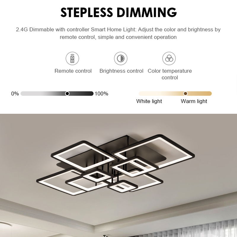 Lustre LED avec télécommande ELLA 186W, 8 carrés, Lumière Froide/Chaude/Neutre, Dimmable, Noir