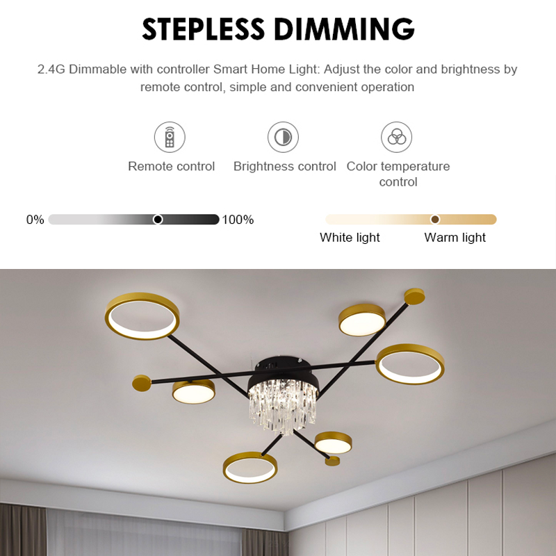 Lustre LED avec télécommande et cristal GUIDA 38W, 6 Éléments, Lumière Froide/Chaude/Neutre, Dimmable, Noir Or