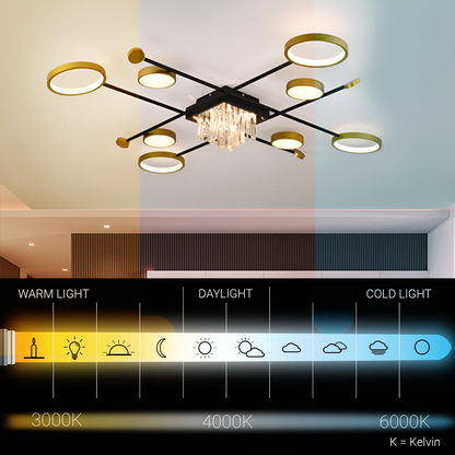 Lustre LED avec télécommande et cristal GUIDA 46W, 8 Éléments, Lumière Froide/Chaude/Neutre, Dimmable, Noir Or