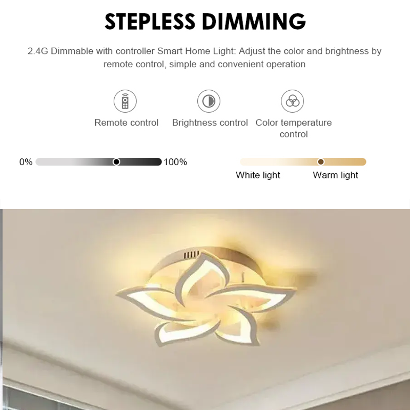 Lustre LED avec télécommande LOTUS 54W, 5 pétales, Lumière Froide/Chaude/Neutre, Dimmable, Blanc
