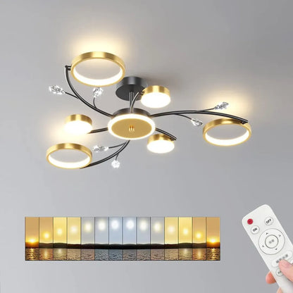 KARINA Lustre LED avec télécommande, 31 W, 6 éléments, lumière chaude/froide/neutre, variable, doré