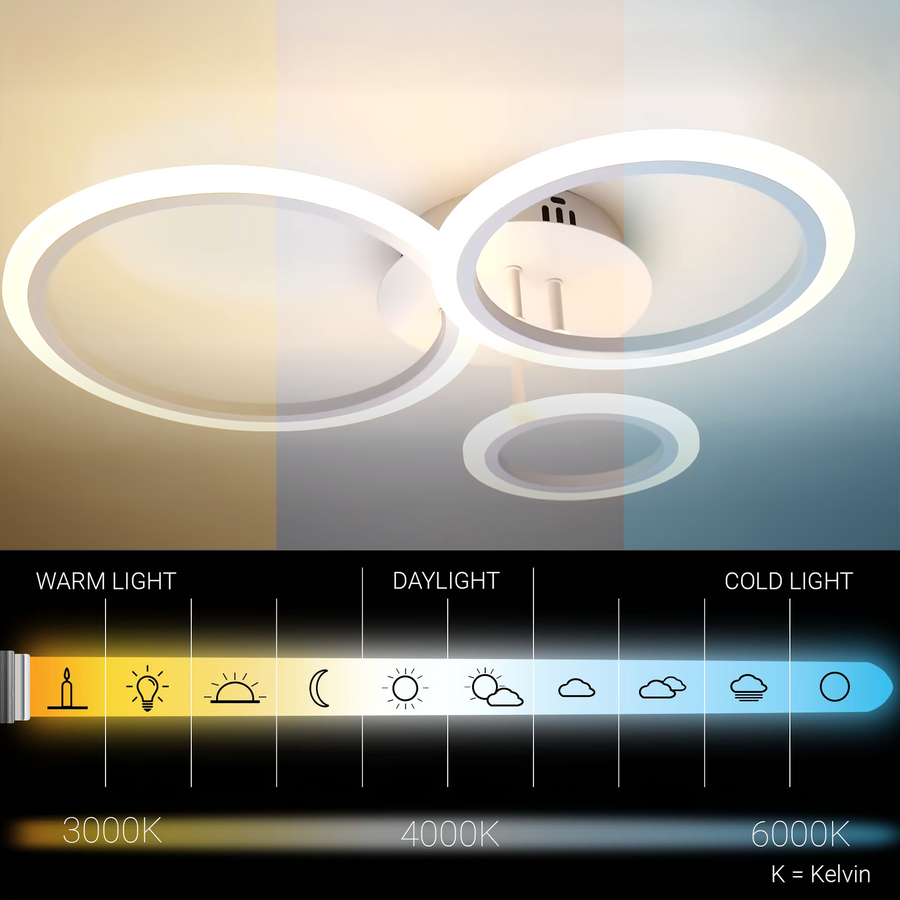 Lustre LED avec télécommande BETTY 40W, 3 Cercles, Lumière Froide/Chaude/Neutre, Dimmable, Blanc, Métal et Acrylique